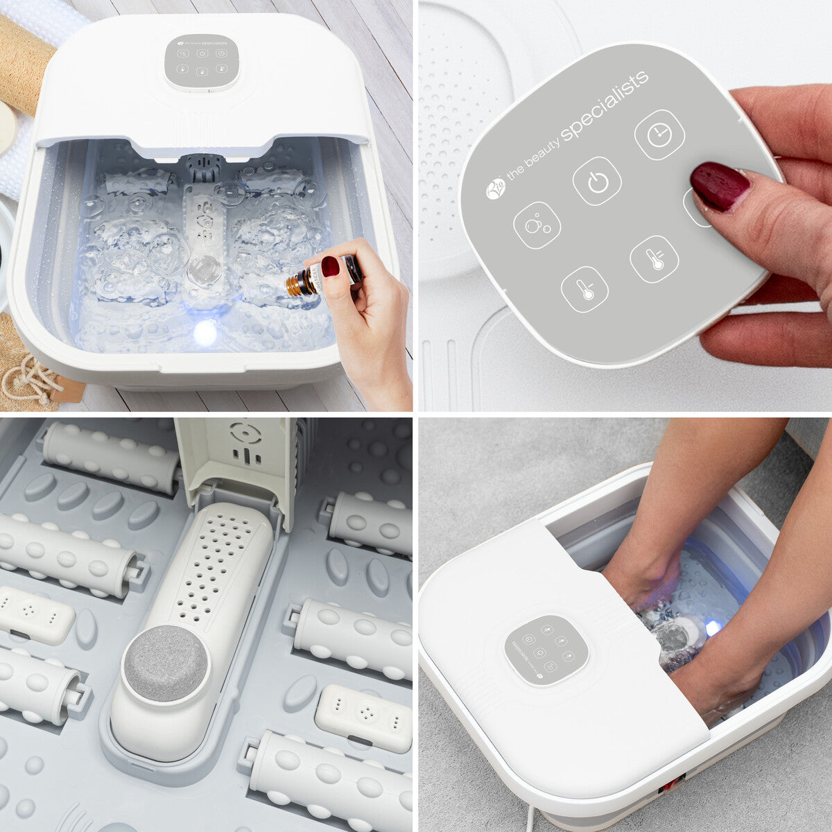 A collage features the Rio Deluxe Foldaway Foot Spa Bath: oil being added to bubbling water, a control panel close-up, detailed massage rollers, and someone enjoying a relaxing foot soak.