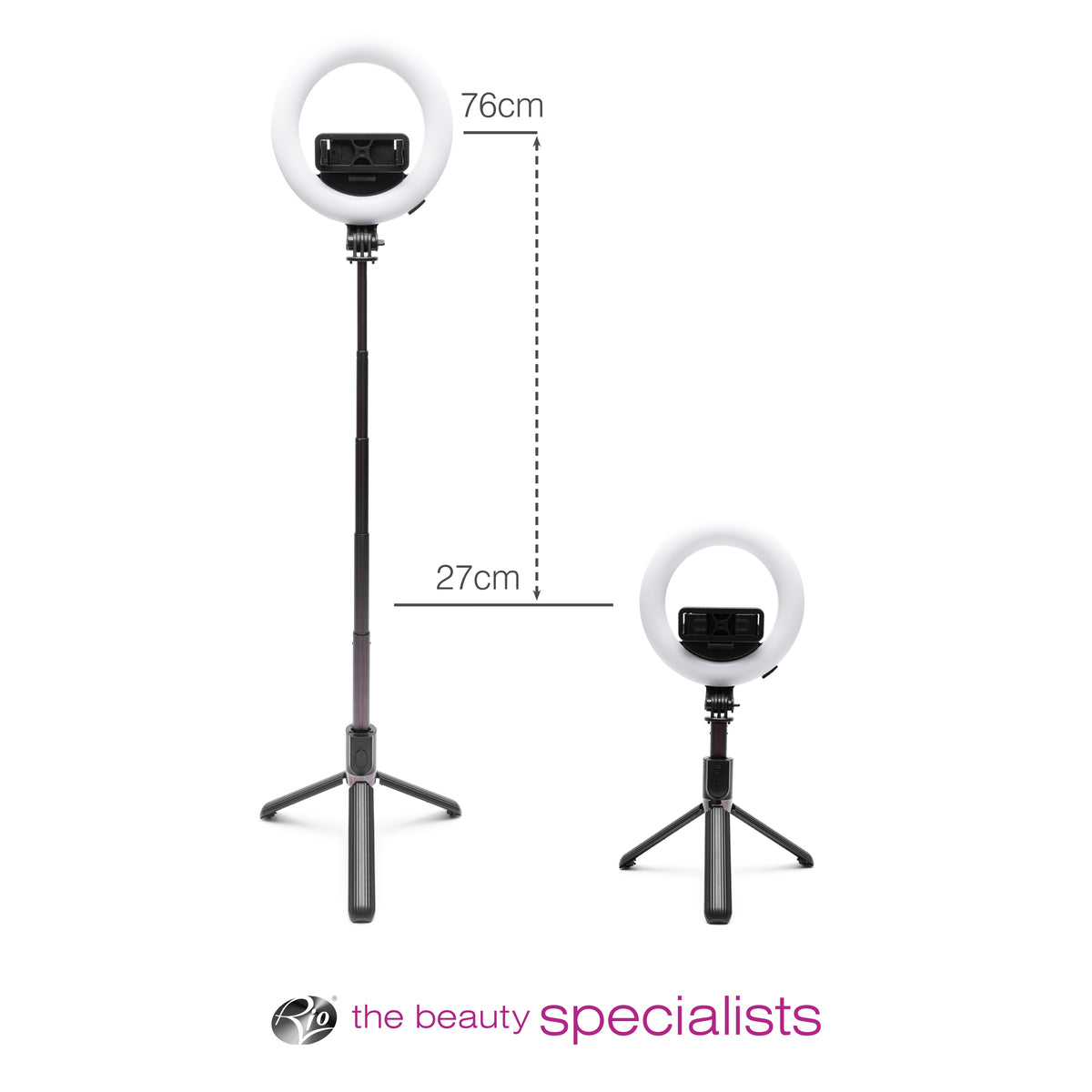 The Rio GlamourGlow Pro Beauty & Vlogging Ring Light, shown on a tripod stand at 76cm (tall) and 27cm (short), is ideal for makeup or vlogging. The Beauty Specialists logo and text appear at the bottom.