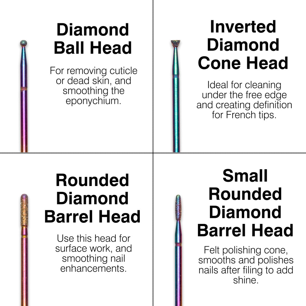 The Rio Salon Pro Electric Nail File & Drill kit features four drill bits: ball head for cuticle removal, inverted cone for under-nail cleaning, rounded barrel for surface work, and small rounded barrel for polishing.