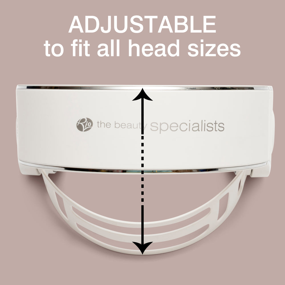 The Rio HairGrow Laser Head Band, shown on a light pink background with the Beauty Specialists logo, features a white adjustable design and fits all head sizes, making it ideal for hair regrowth and red light therapy treatments.