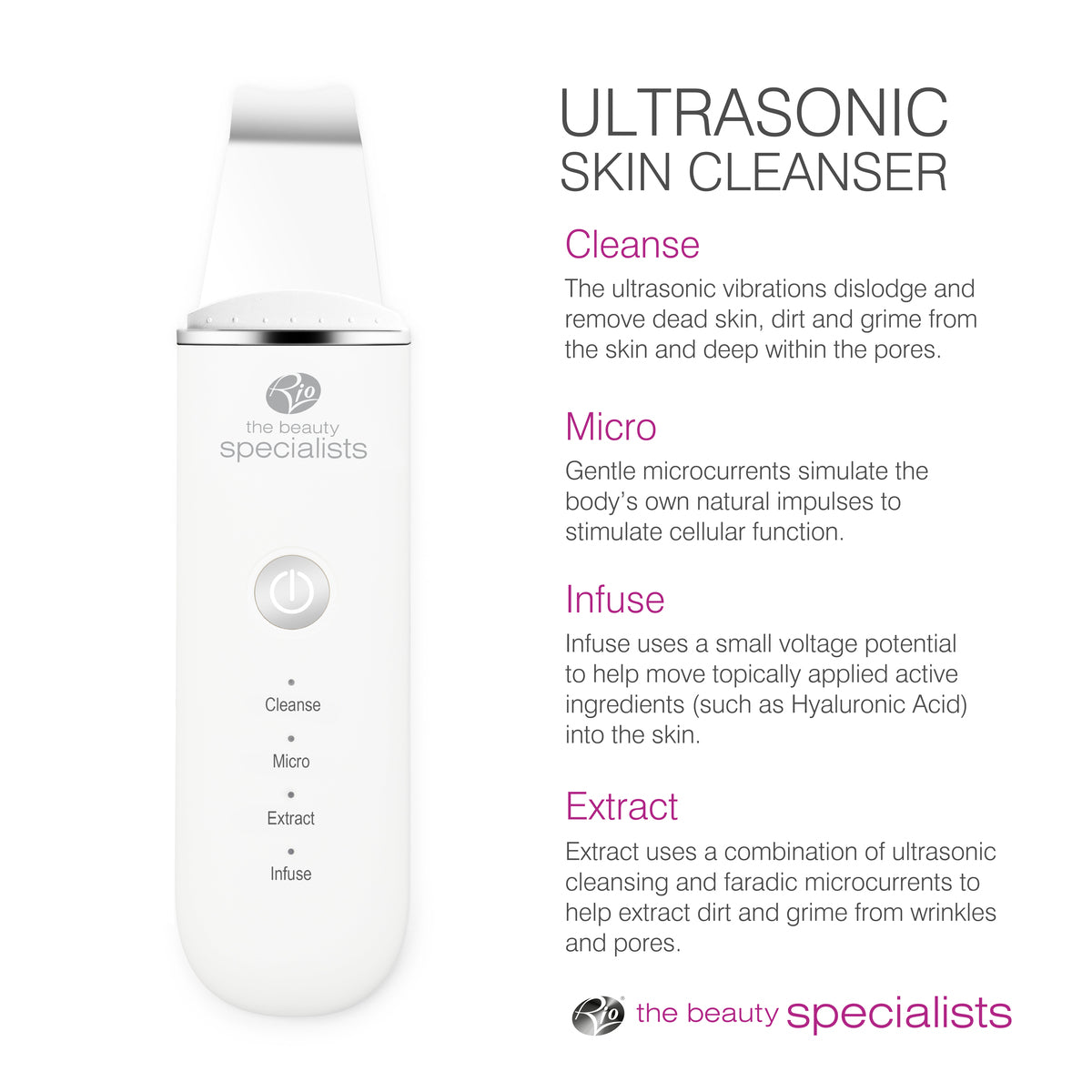 The Rio Ultrasonic Skin Cleanser, featuring four modes—Cleanse, Micro, Extract, and Infuse—for deep cleansing and exfoliation, is displayed beside text highlighting each mode’s benefits. Both the device and text are branded with the Rio logo.