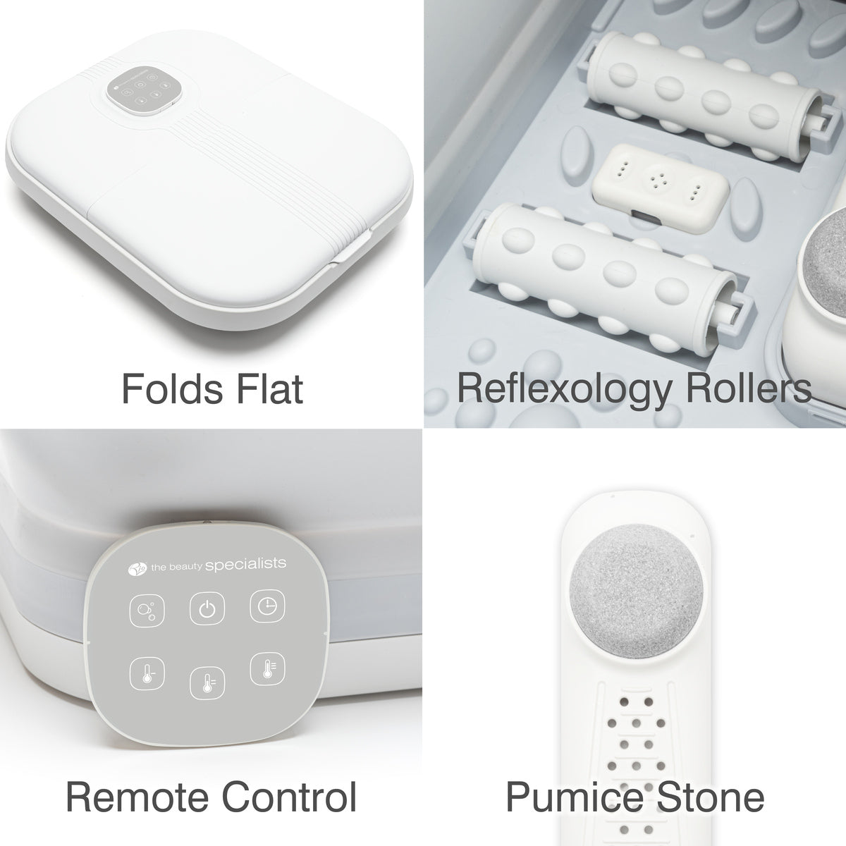 A collage features the Rio Deluxe Foldaway Foot Spa Bath: top left shows it folded flat, top right presents reflexology rollers, bottom left highlights the remote control, and bottom right displays the built-in pumice stone.
