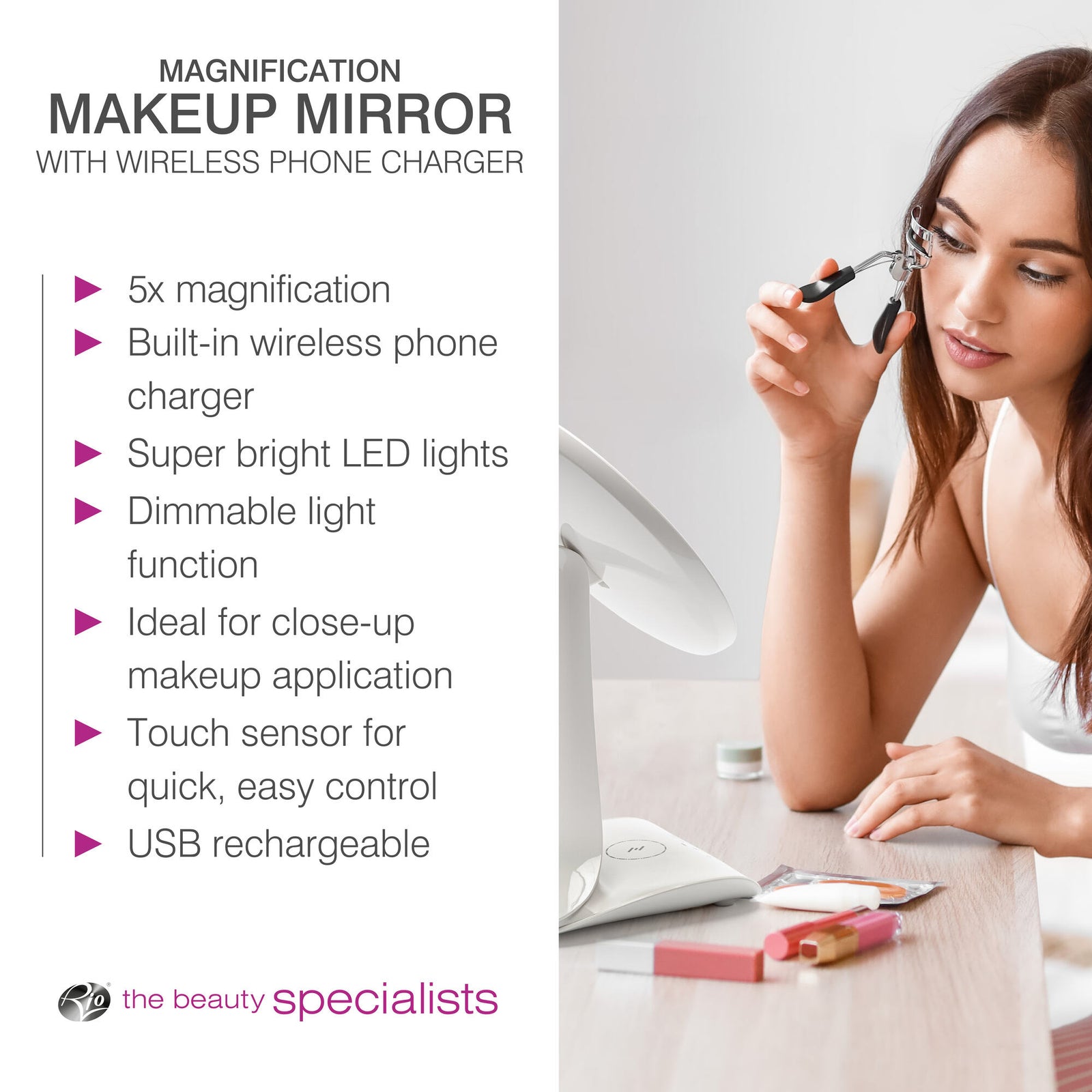 A woman uses the Rio 5x magnification LED makeup mirror with wireless charging station on a table. The mirror features bright LED lights and USB rechargeability for convenience.