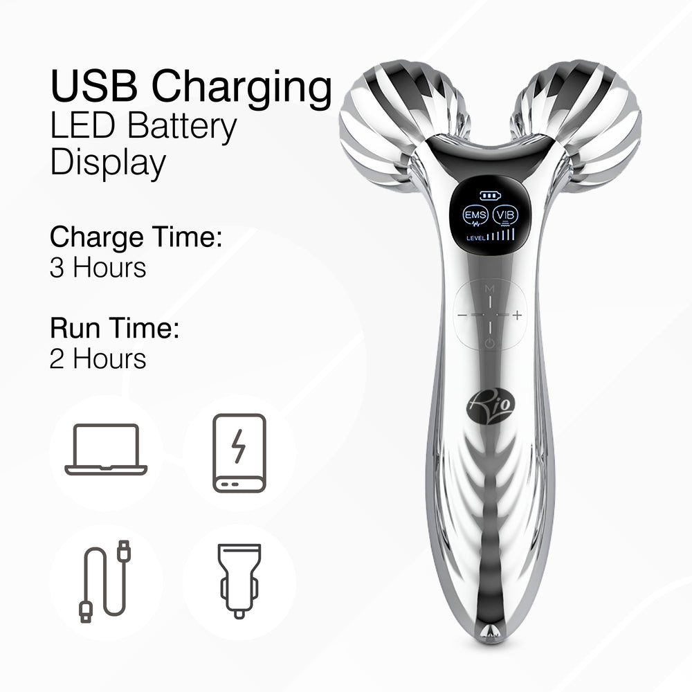 The Rio Face & Body Massage Roller is a silver handheld massager with two textured rollers, LED battery display, and USB charging (charge: 3 hrs, run: 2 hrs). Icons show compatibility with laptop, power bank, USB cable, and car charger.
