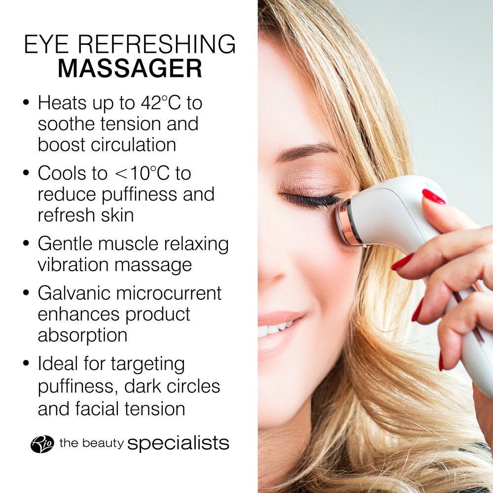 A woman uses the Rio Eye Refreshing Massager, which heats to 42°C, cools to below 10°C, offers gentle vibration and galvanic microcurrent—perfect for easing puffiness, dark circles, and facial tension.