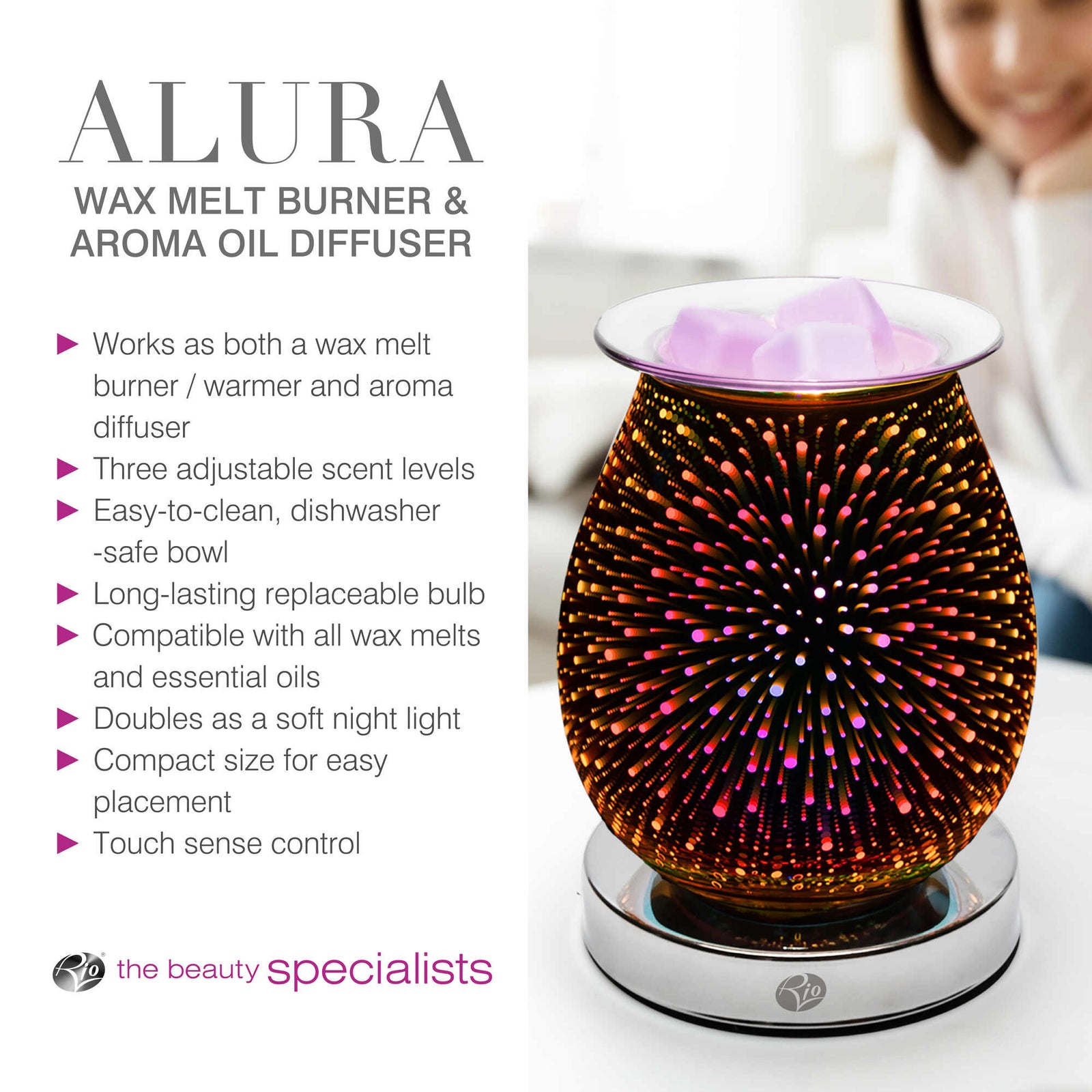 The Rio Alura Wax Melt Burner & Aroma Diffuser Lamp features a colorful starburst design and touch sensor control with three scent levels. Compatible with both wax melts and oils, it makes a stylish addition to any table.