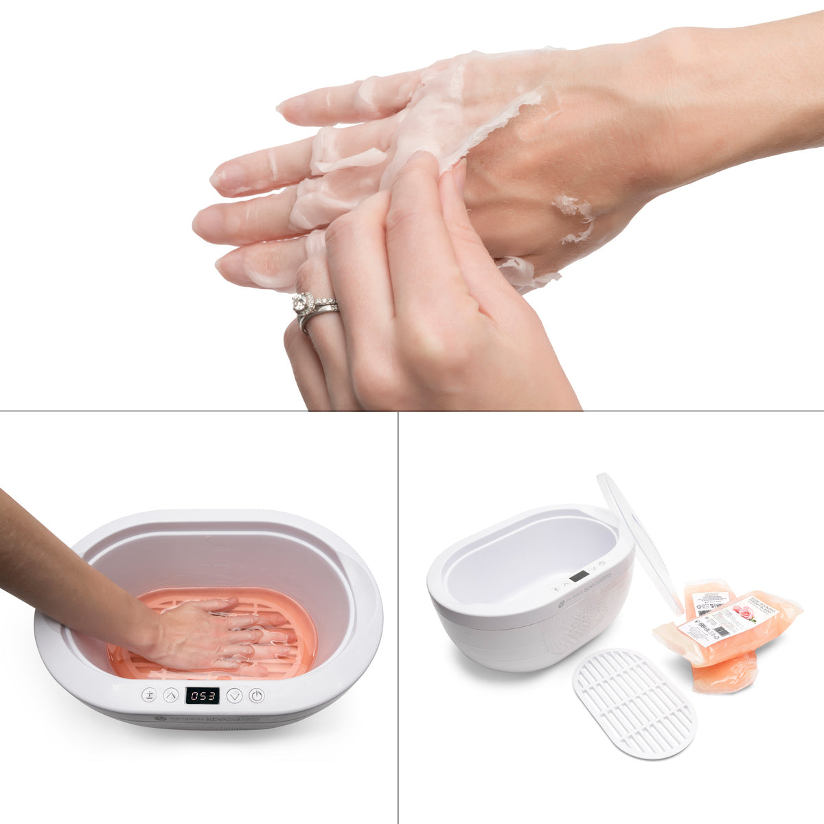A person peels wax from their hand to show skin hydration. Images feature a hand dipping into the Rio Paraffin Wax Heater and the heater with its lid open next to wax packets and a white grid.