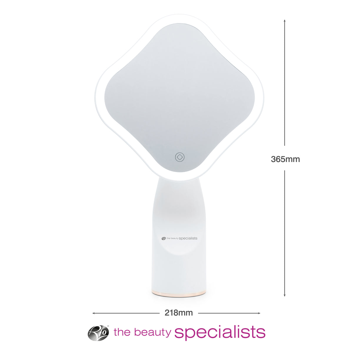 The Rio Illuminated Full Size Beauty Mirror features a white handheld design with rounded square edges, front touch button, and measures 365mm tall by 218mm wide. The beauty specialists logo and text appear below the mirror.