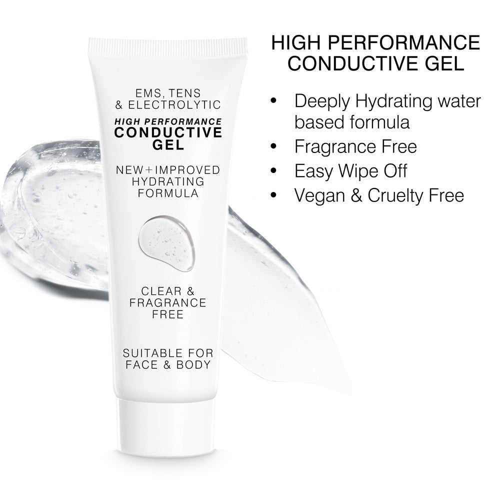 A white tube labeled "High Performance Conductive Gel" highlights its hydrating, fragrance-free, vegan, and cruelty-free features—ideal with your Rio Face & Body Massage Roller. Clear gel appears in the background.