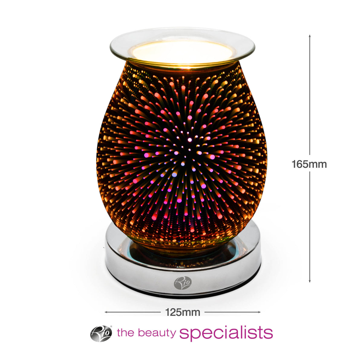 The Alura Wax Melt Burner & Aroma Diffuser Lamp by Rio features a 3D fireworks design with colorful dots, measuring 165mm tall and 125mm wide, and displays the Rio logo at the base.