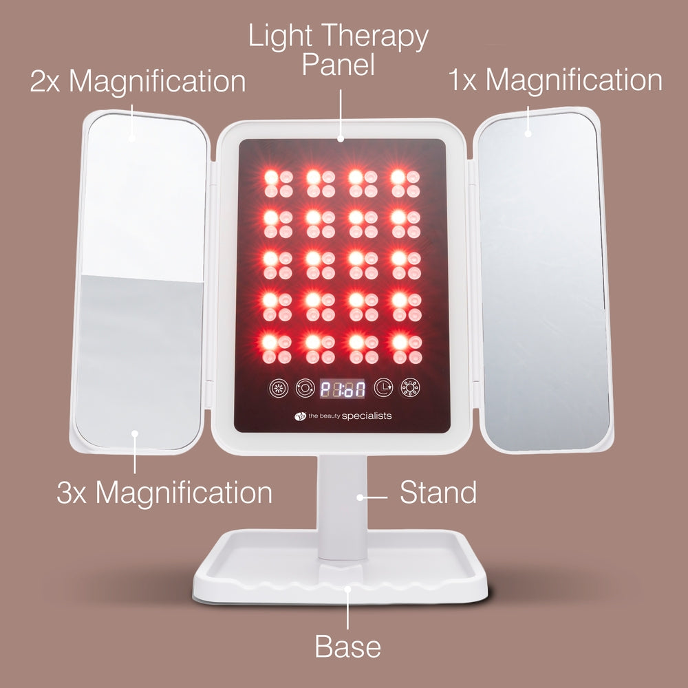 The Rio Radiance Light Therapy Panel features three panels: left (2x and 3x magnification), center (LED therapy for radiant skin), and right (1x magnification), all mounted on a sturdy base.