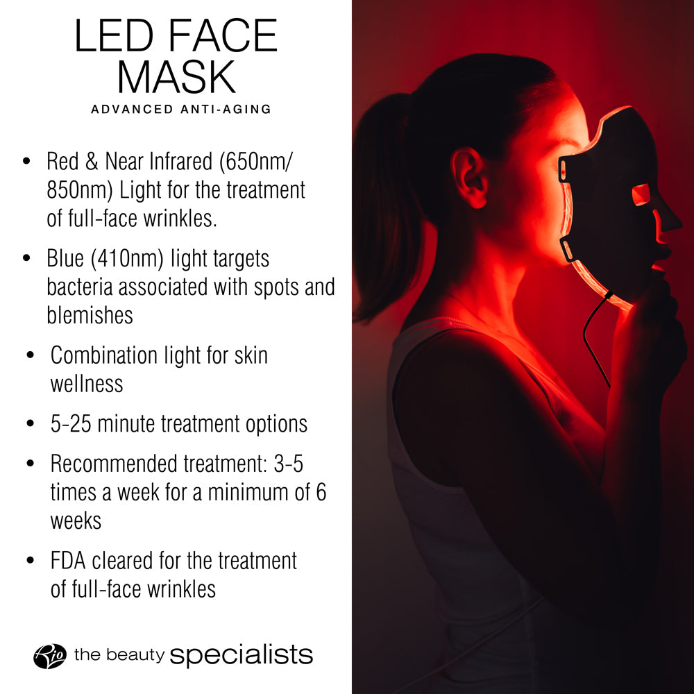 A person holds the Rio LED Face Mask by Rio near their face in a dark setting. Text highlights its FDA-cleared, anti-ageing light therapy, featuring multiple light types and recommended use for wrinkle reduction.