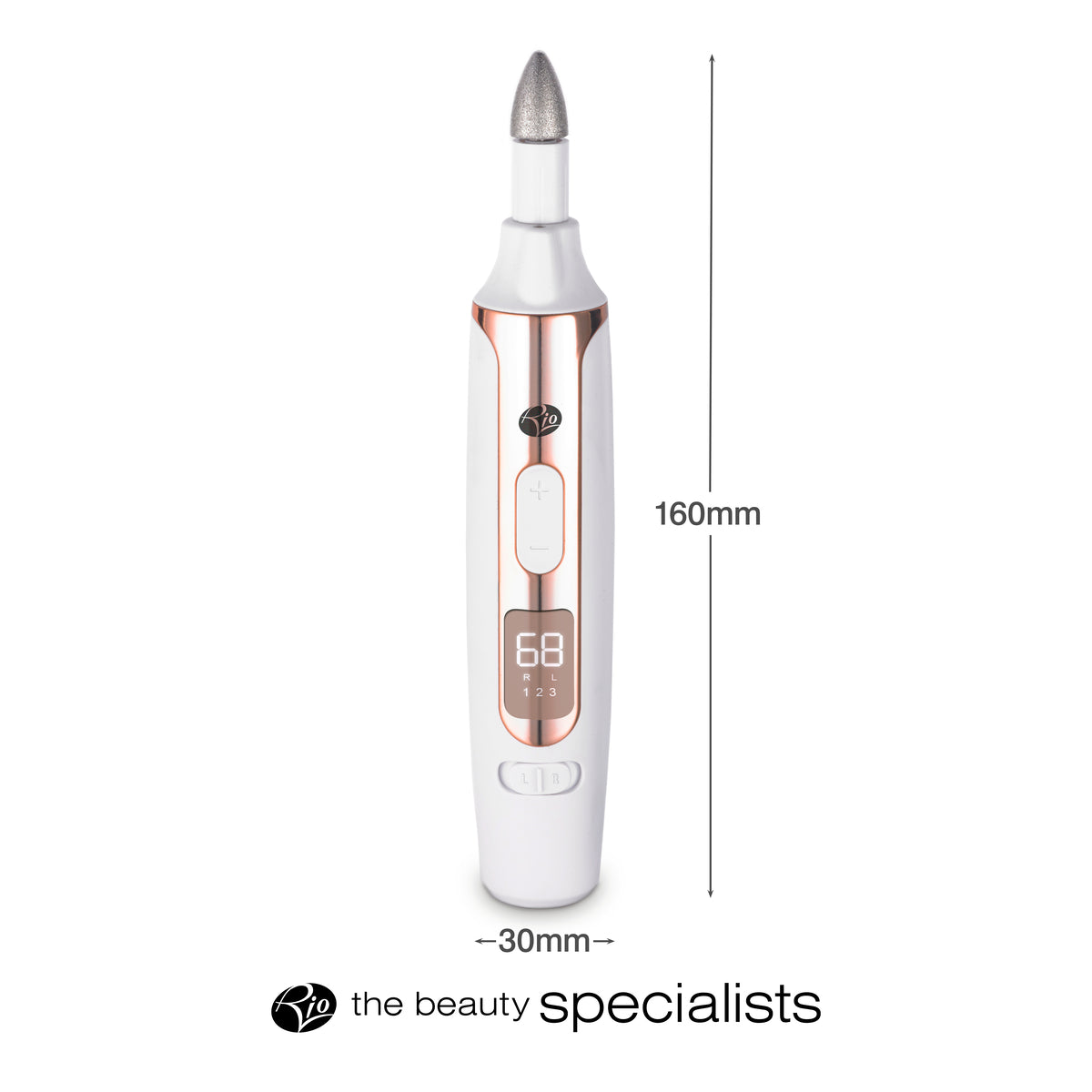 The Rio Precision Pro Electric Nail File in white and rose gold has a pointed tip, measures 160mm x 30mm, and features a digital display—ideal for precise nail care. Text below reads “the beauty specialists.”.