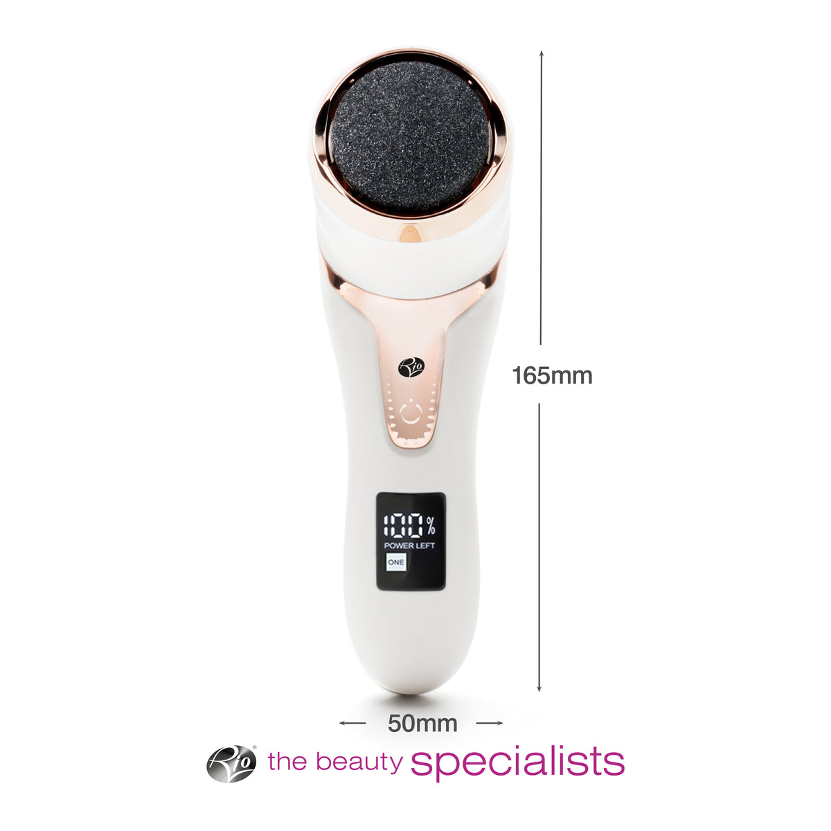 The Rio Go Smooth Electric Foot File Hard Skin Remover with Vacuum Action in white and rose gold features a black roller, digital display, and buttons. It’s 165mm tall, 50mm wide, with beauty specialists logo at the bottom for easy dry skin removal.