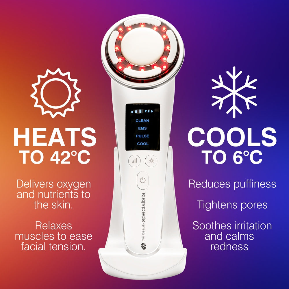 The Rio Face Lift & Tone Beauty Spa, a white anti-aging device with red LED lights, heats up to 42°C to relax and nourish skin and cools to 6°C for a firmer look by reducing puffiness and calming redness.