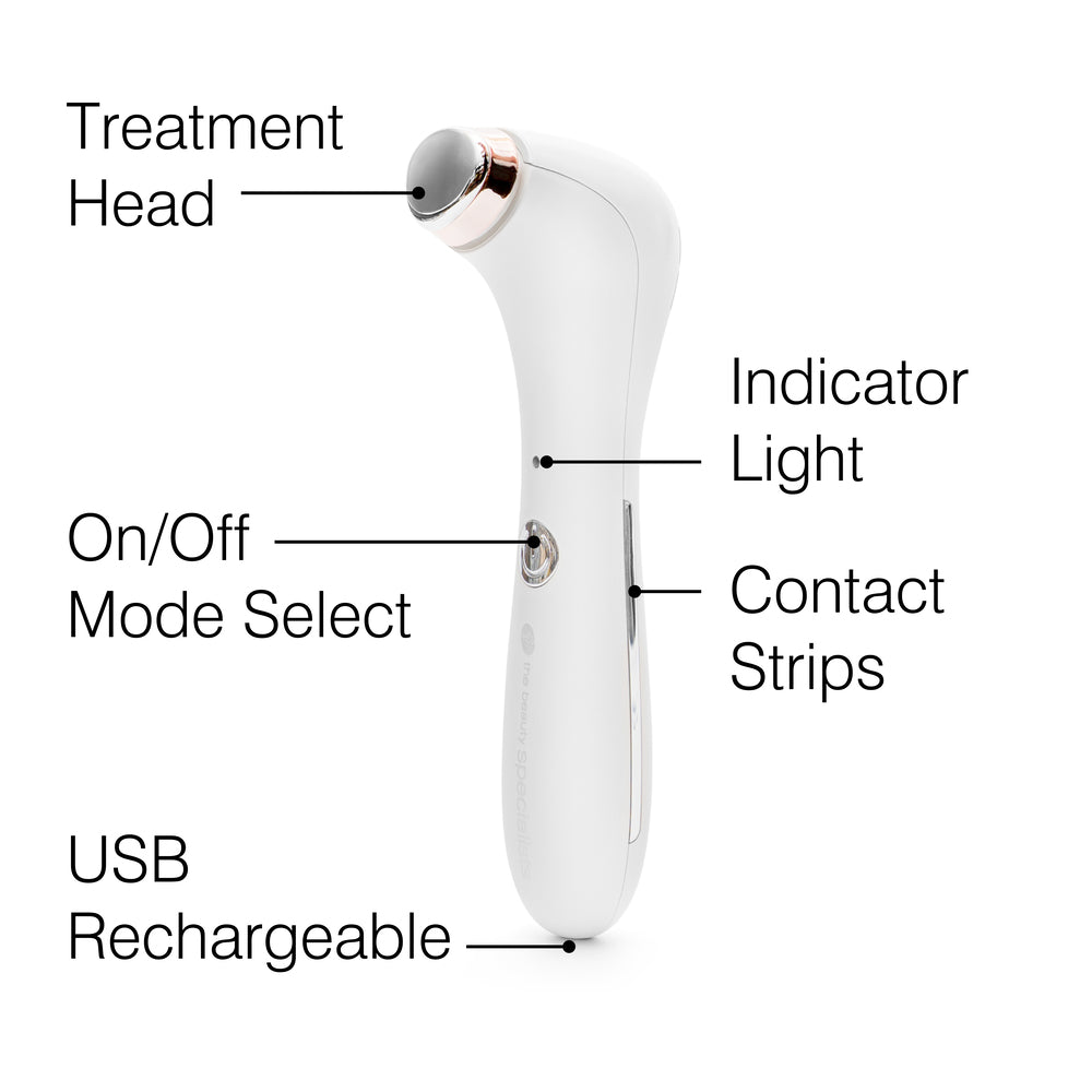 The Rio Eye Refreshing Massager is a white handheld device with a treatment head, indicator light, mode button, contact strips, and USB port—ideal for reducing puffiness and dark circles.
