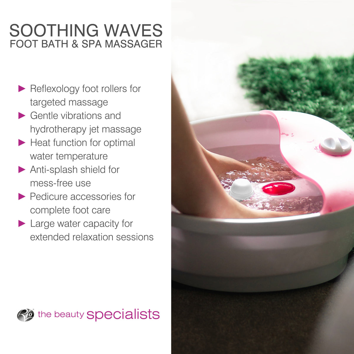 A person relaxes with the Rio Soothing Waves Foot Bath Spa & Massager, enjoying bubbling water. Beside the image, text highlights reflexology rollers, a heat function, and pedicure accessories for indulgent comfort.