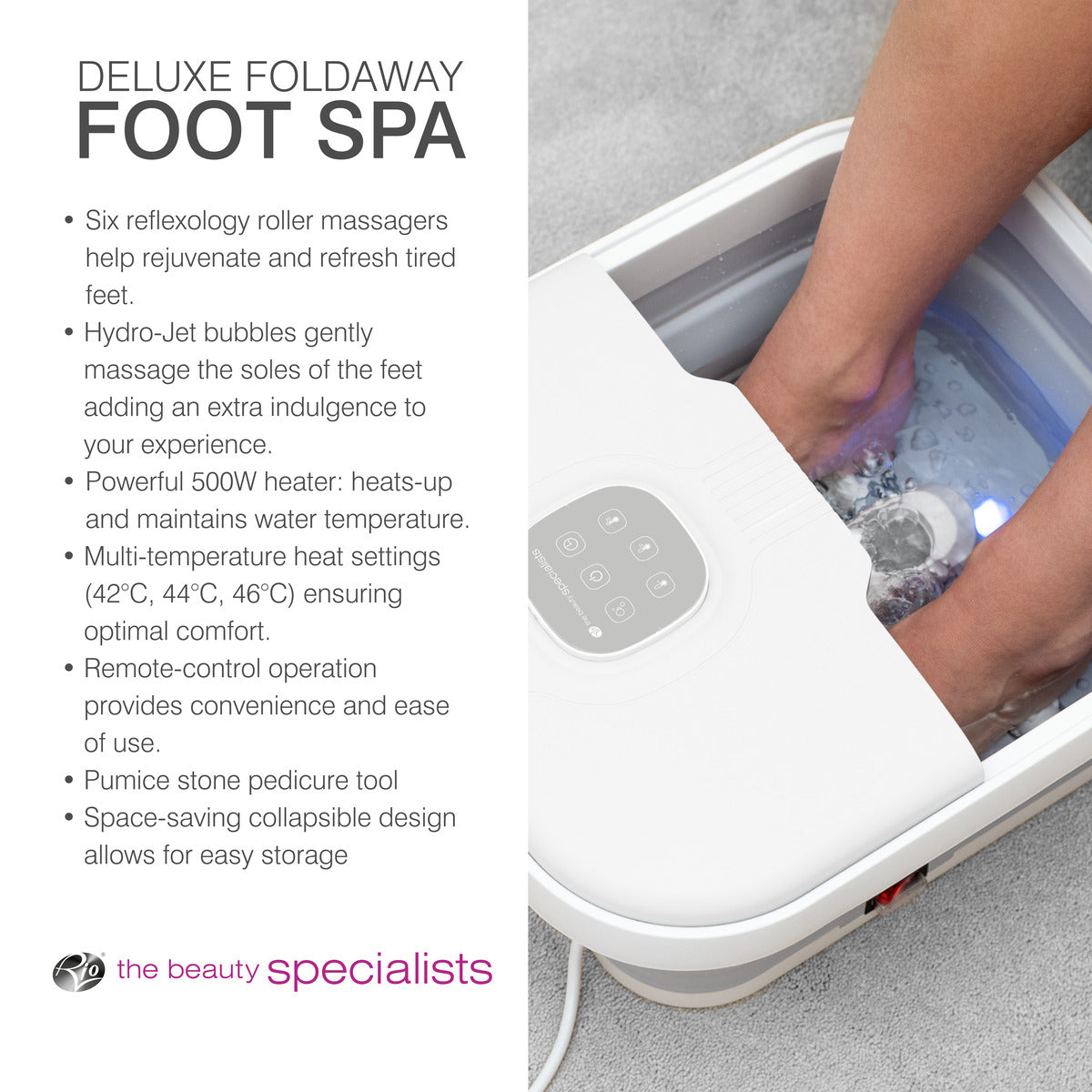 A person enjoys the Rio Deluxe Foldaway Foot Spa Bath, a white spa with bubbling water, digital controls, roller massagers, heat, adjustable temperatures, and a compact foldaway design for the ultimate foot treatment.