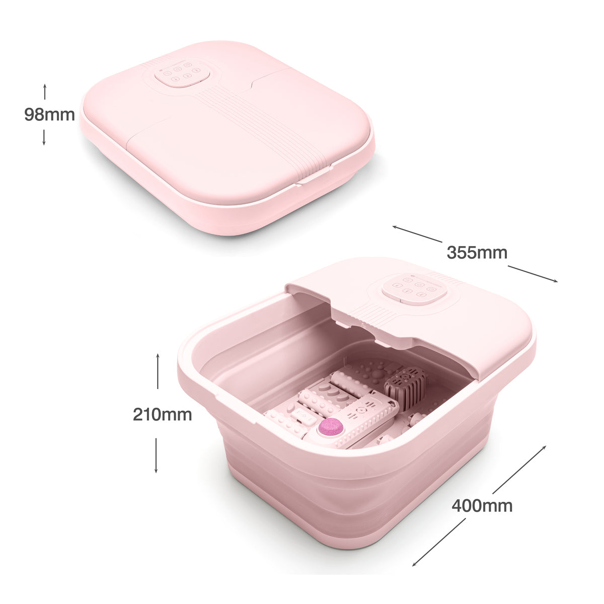 The Rio Deluxe Foldaway Foot Spa Bath - Pink delivers a luxurious treatment. Closed, it stands 98mm high; open, it reveals rollers, controls, and a spacious interior (210mm high, 355mm wide, 400mm long) for comfort.