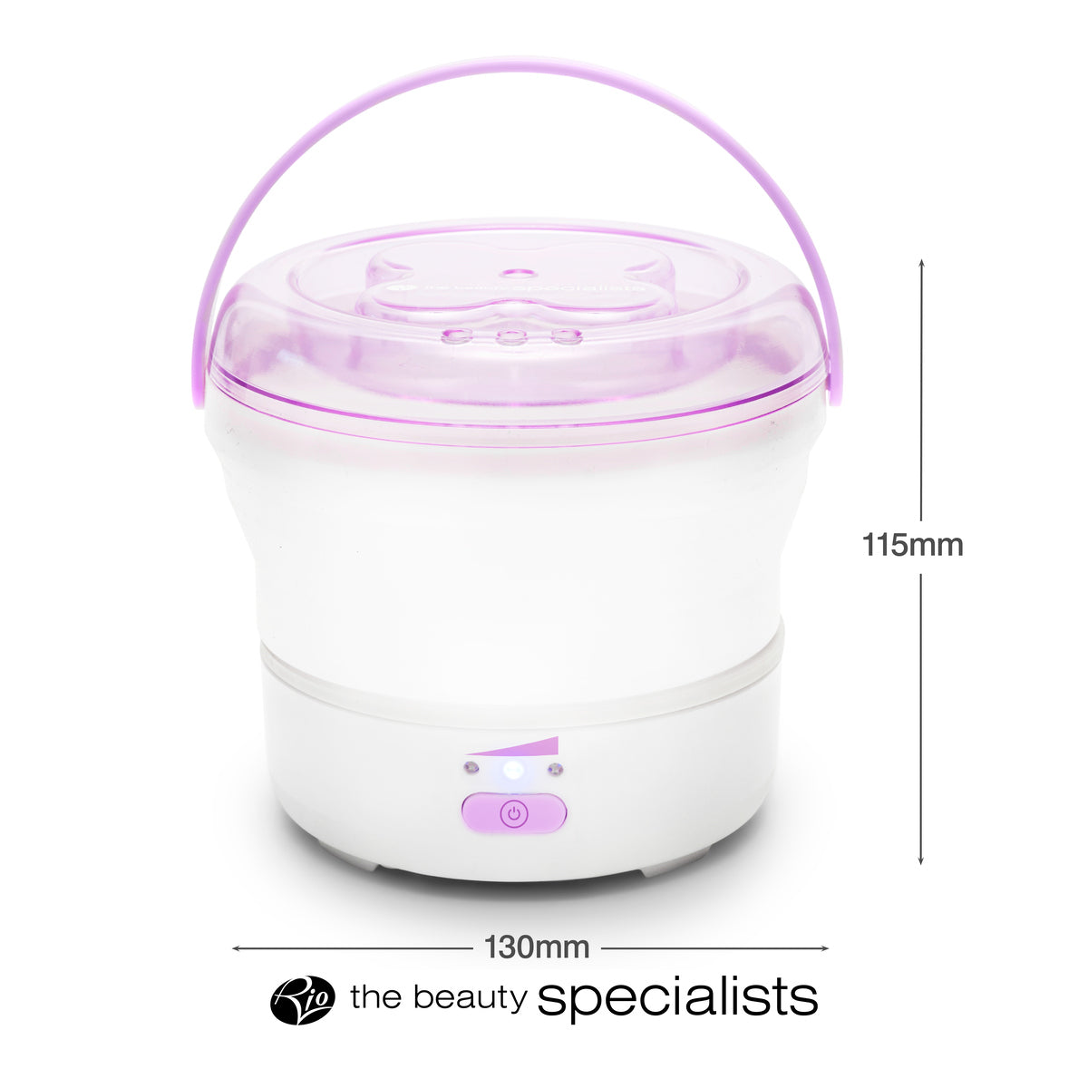The GO SMOOTH HARD WAX HEATER by Rio is a white and purple beauty device with a handle and transparent lid (130mm wide, 115mm tall), shown on a white background with the Beauty Specialists logo below.
