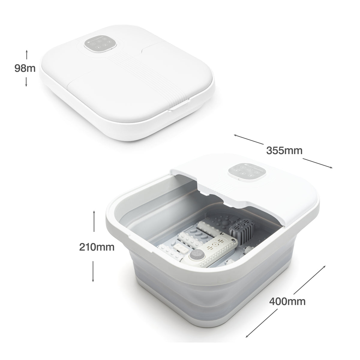 The Rio Deluxe Foldaway Foot Spa Bath, in white, has digital controls and massaging rollers for soothing foot care. Shown closed (98mm high) and open (210mm high), it measures 355mm wide by 400mm long.