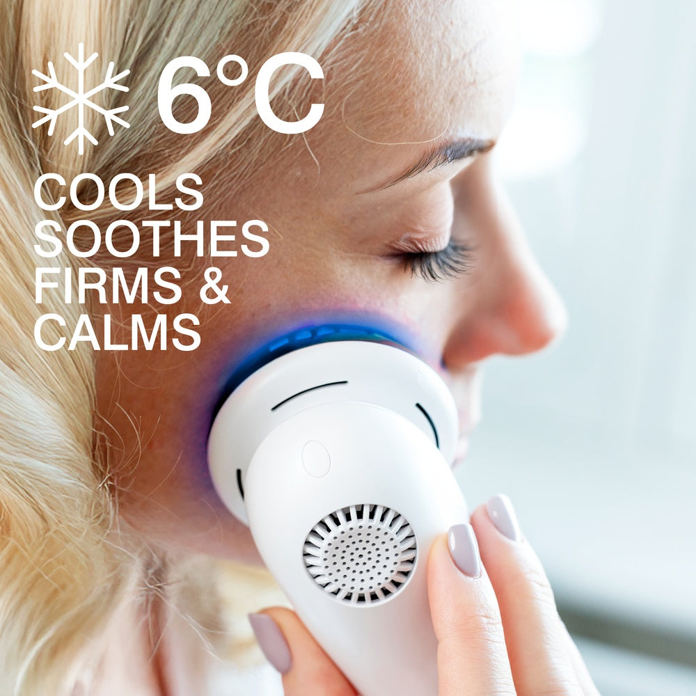 A woman uses the Rio Face Lift & Tone Beauty Spa on her cheek. Large text reads: 6°C Cools, Soothes, Firms & Calms. A snowflake icon highlights the cooling effect for firmer-looking skin.