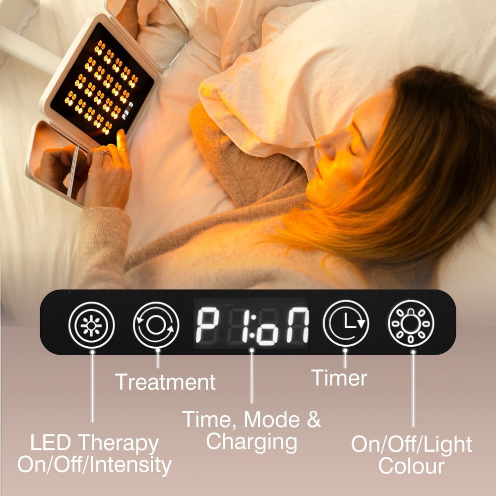 A woman uses the Rio Radiance Light Therapy Panel in bed, applying it to her arm. Below, a labeled graphic highlights the display controls: LED Therapy, Time/Mode/Charging, Timer, and On/Off/Light Colour.