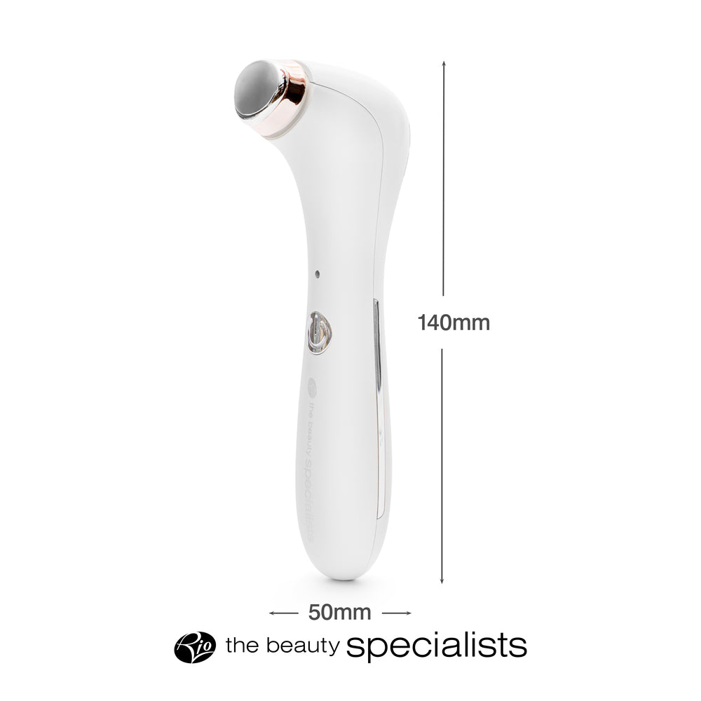 The Rio Eye Refreshing Massager is a white beauty device with a round metal head, measuring 140mm x 50mm—ideal for reducing dark circles and puffiness. "Rio" branding appears at the bottom.