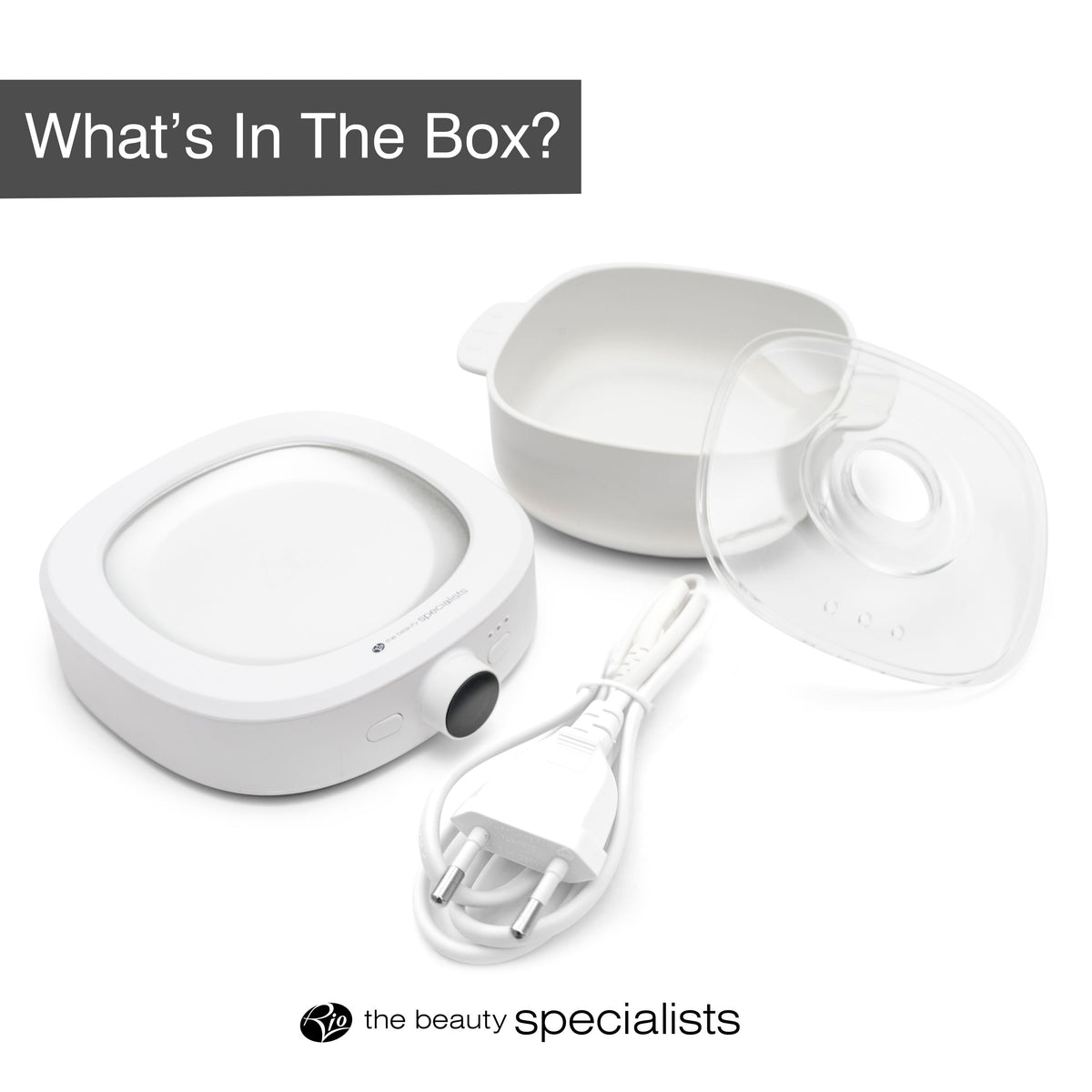 The Rio Go Smooth Hair Removal Wax Heater, shown with a nozzle, measuring cup, and clear lid on a white background. Text reads Whats In The Box? by the beauty specialists—perfect before professional hair removal.