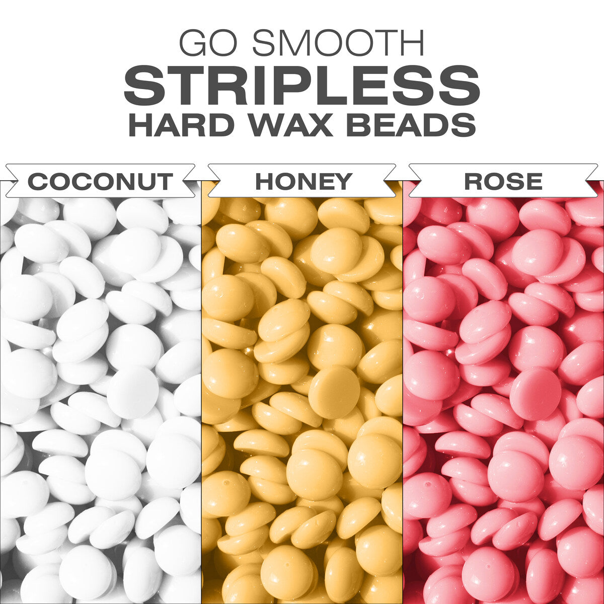 Three vertical panels show the Rio GO SMOOTH HARD WAX HEATER with hard wax beads in coconut (white), honey (yellow), and rose (pink)—ideal for gentle, stripless full-body hair removal.