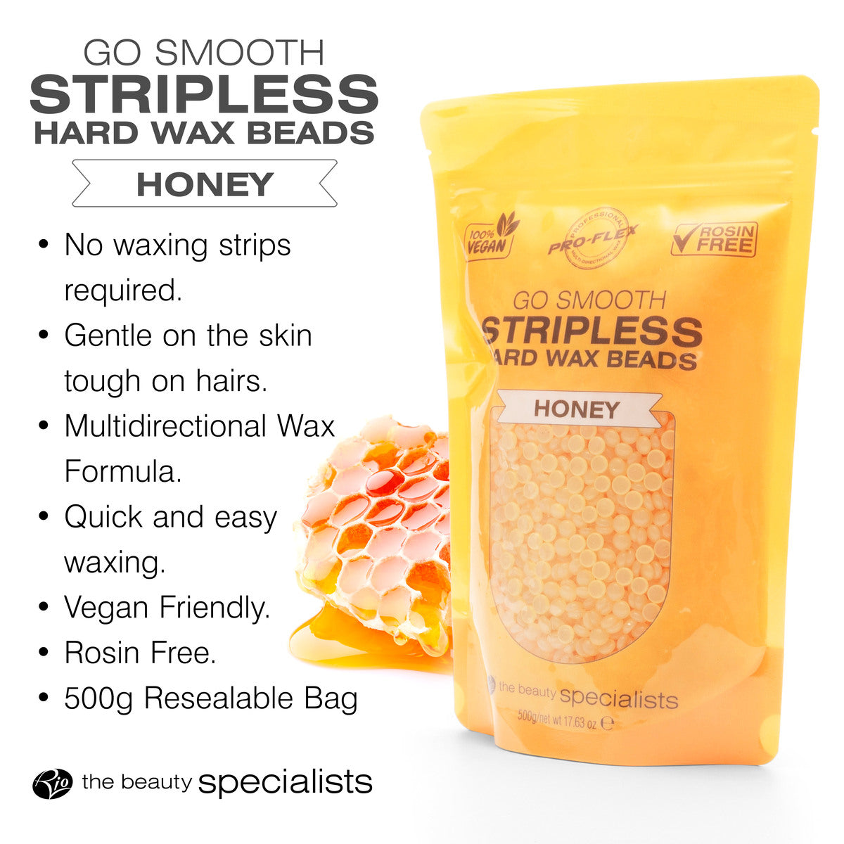 A yellow resealable bag of Rio Honey Go Smooth Stripless Hard Wax Beads (100g) is shown. This vegan, rosin-free wax provides smooth skin with no strips needed and is gentle, multidirectional. A honeycomb is pictured.