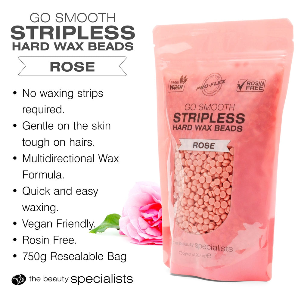 A resealable pink bag labeled Rio Rose Go Smooth Stripless Hard Wax Beads (750g) with a clear window shows the pink beads inside. Surrounded by product benefits, it features a rose flower and beauty specialists logo for smooth skin results.