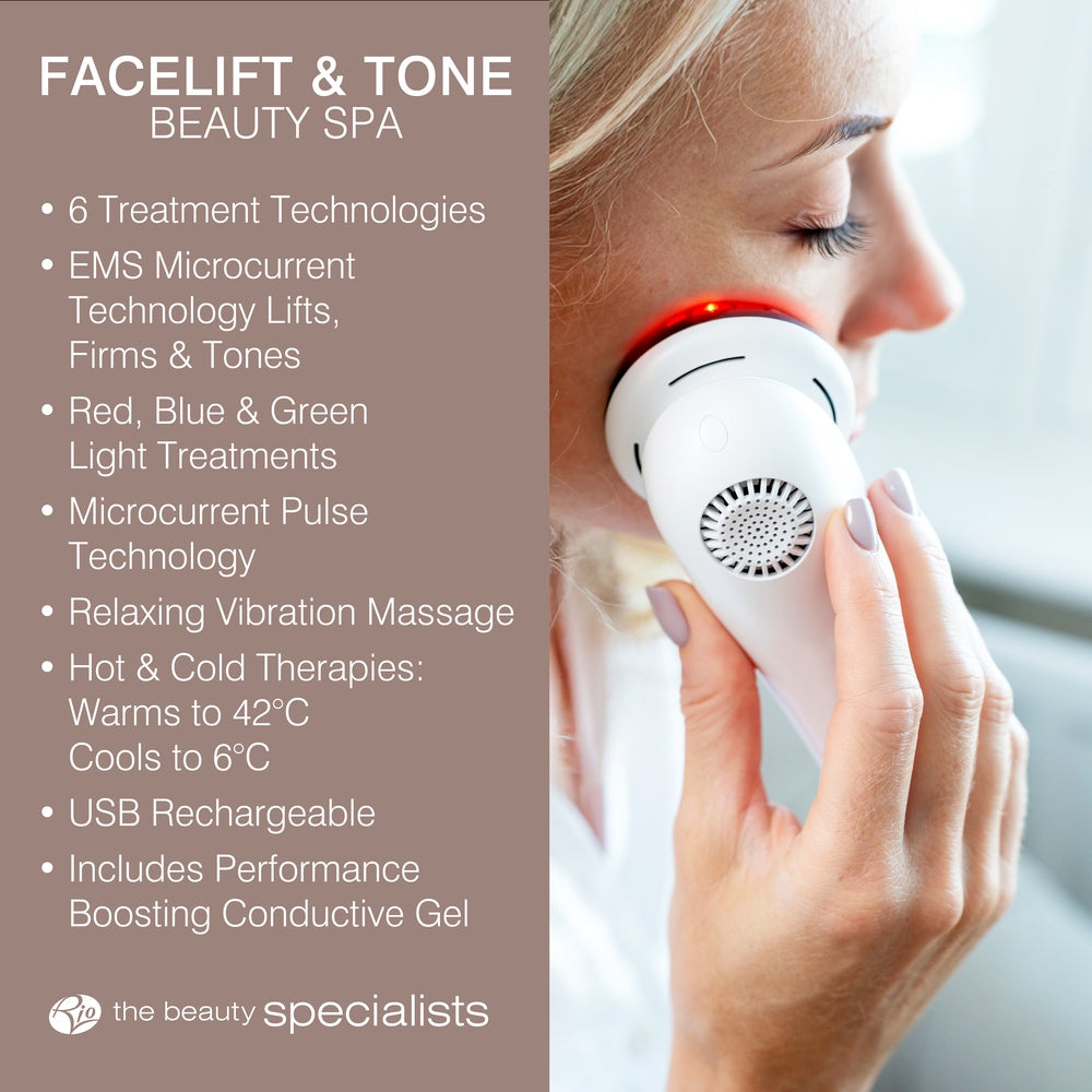 A woman uses the Rio Face Lift & Tone Beauty Spa on her cheek. Features include EMS microcurrent, light therapy, vibration massage, temperature modes, and USB rechargeability for firmer-looking skin.