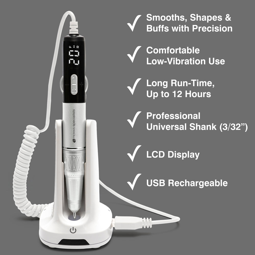 The Rio Salon Pro Electric Nail File & Drill features an LCD display, white charging dock, coiled cord, universal shank, low vibration, 12-hour run-time, and USB recharge—perfect for salon-quality nail care at home.