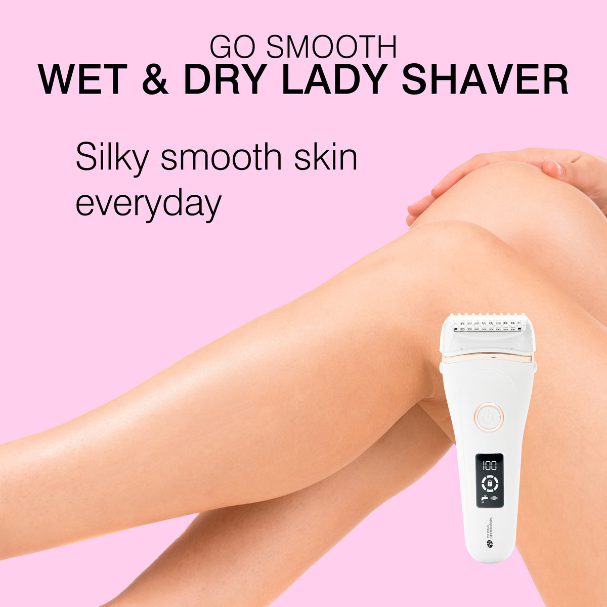 A woman shaves her smooth skin with the Rio GO SMOOTH Wet and Dry Lady Shaver against a pink background. Text reads: “Rio GO SMOOTH Wet and Dry Lady Shaver—Silky smooth skin every day. Perfect for your skincare routine.”.