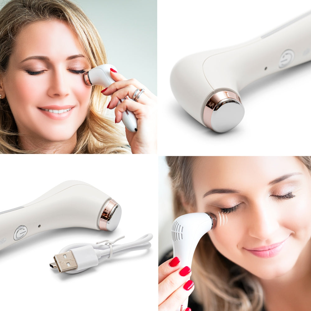 A woman uses the Rio Eye Refreshing Massager near her eye, targeting dark circles and puffiness. Close-ups highlight the device’s metallic tip and the USB charging cable. Another woman smiles while using it on her face.