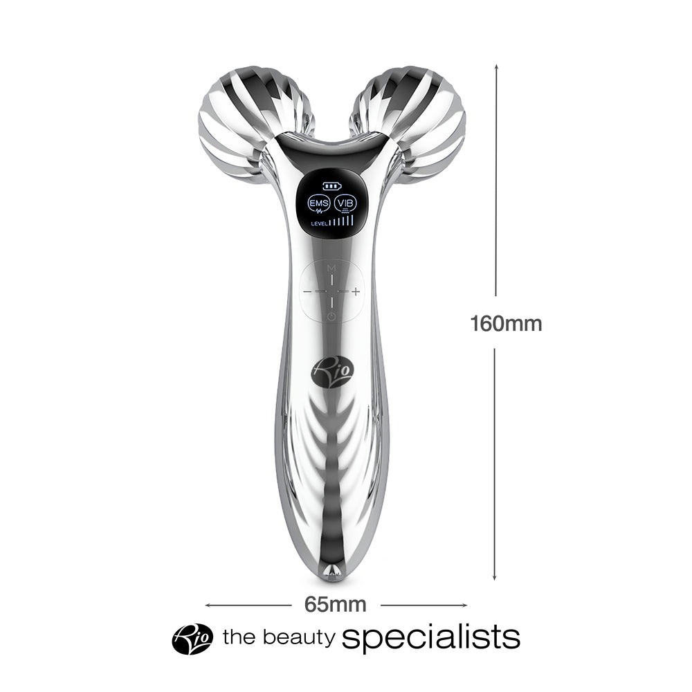 The Rio Face & Body Massage Roller is a silver handheld massager with two textured rotating spheres, digital display, and control buttons. Designed for skin firming, it's 160mm tall by 65mm wide and features the beauty specialist's logo at the base.
