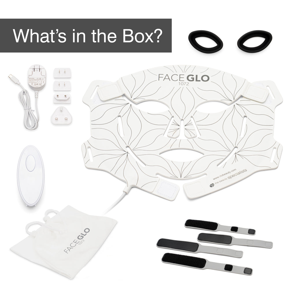 The Rio FaceGLO with Photology Chlorophyll Light Masque box includes a flexible, clinically effective light mask, power adapter with plugs, remote, two black silicone rings, storage pouch, and four black-and-white adjustable straps.