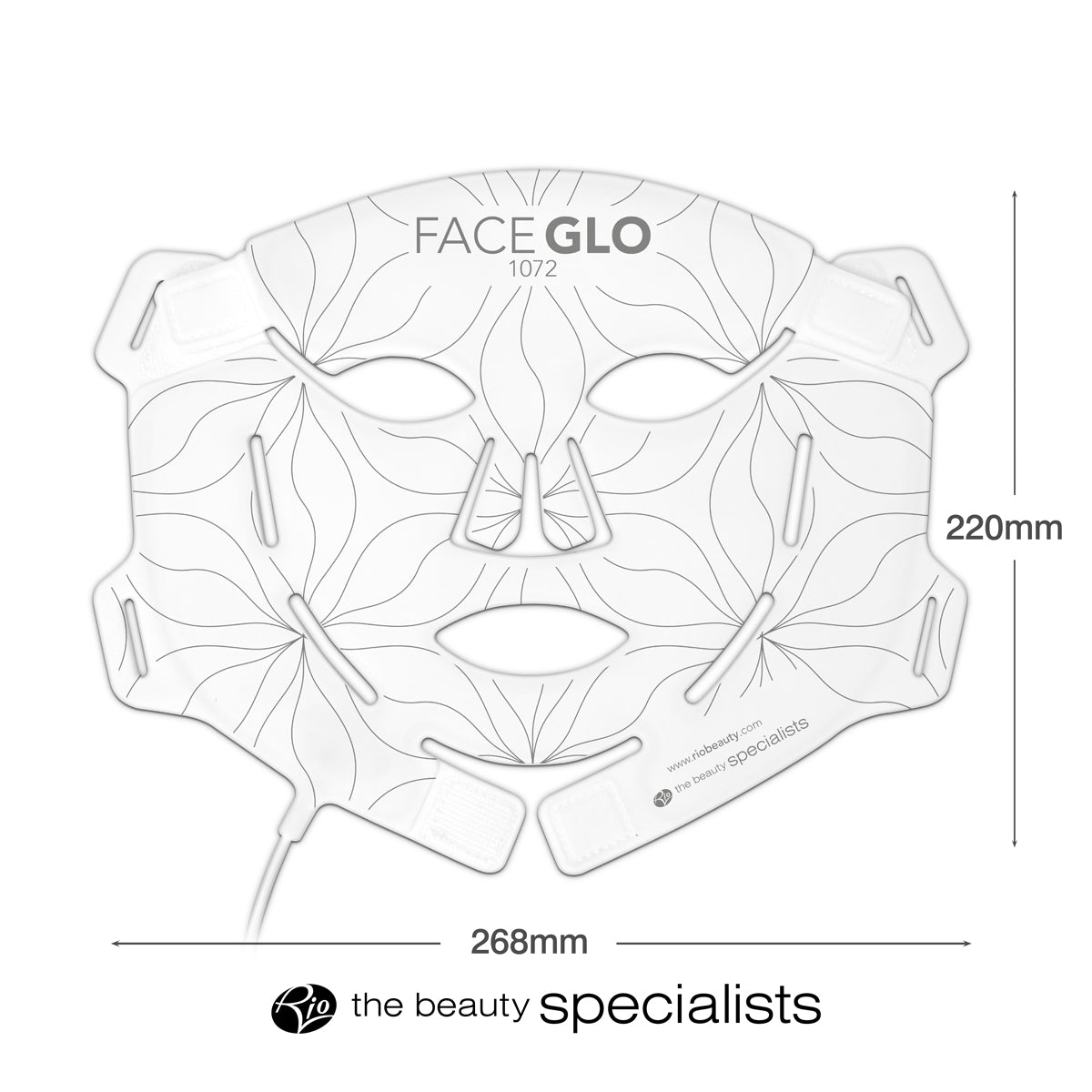 The Rio FaceGLO with Photology Chlorophyll Light Masque is a white mask featuring leaf patterns, facial cutouts, and attached wires. Measuring 268mm x 220mm, it delivers clinically effective light at treatment wavelengths for visible results.