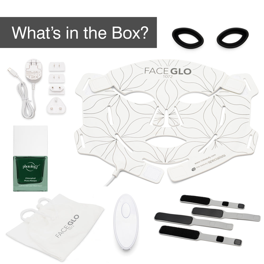 A photo shows the Rio FaceGLO with Photology Chlorophyll Light Masque kit, including a patterned LED mask, power adapter with global plugs, two black silicone bands, remote, brushes, storage pouch, user guide, and serum bottle.