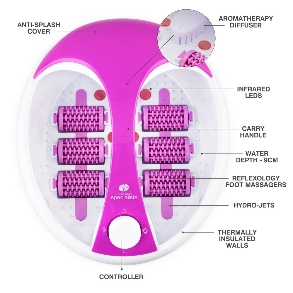 Top-down view of the Rio Deluxe Foot Spa Bath and Massager in purple with labeled features: rollers, aromatherapy diffuser, infrared LEDs, hydro-jets, insulated walls, anti-splash cover, and temperature controller.