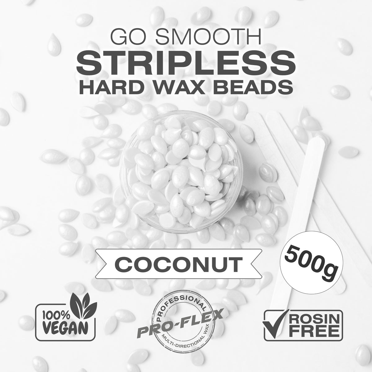 Over head image showing coconut scented GO SMOOTH STRIPLESS hard wax beads overflowing out of a jar on a white background. 100% egan. Rosin Free.