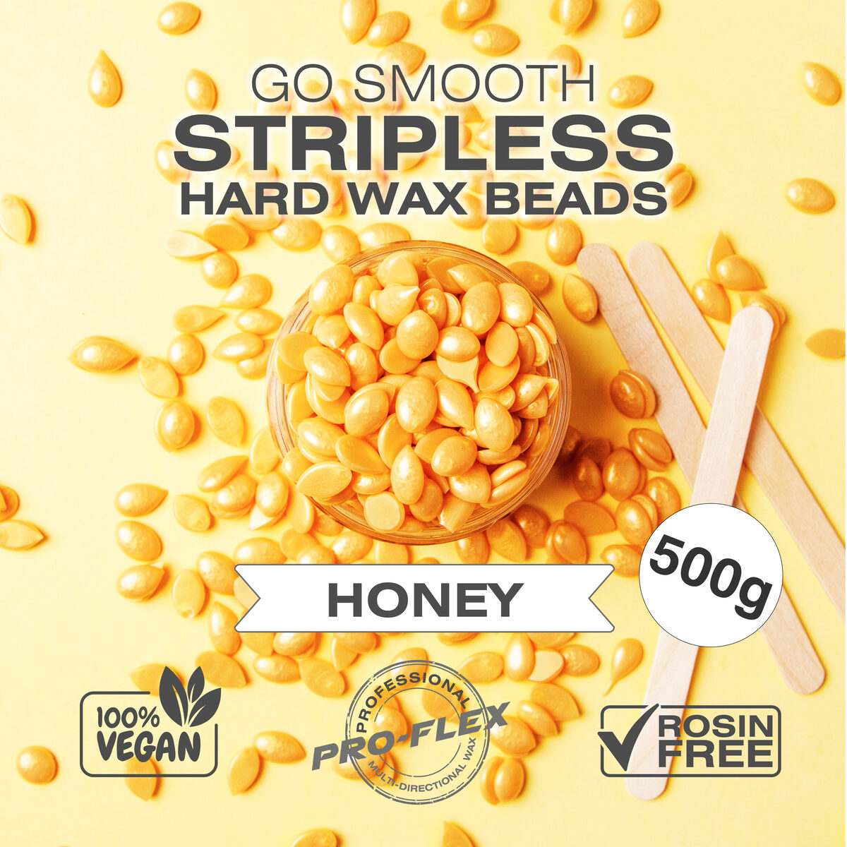 A bowl of Rio Honey Go Smooth Stripless Hard Wax Beads (100g) with scattered beads and two wooden spatulas offers smooth skin; vegan, professional, and rosin-free icons are displayed.