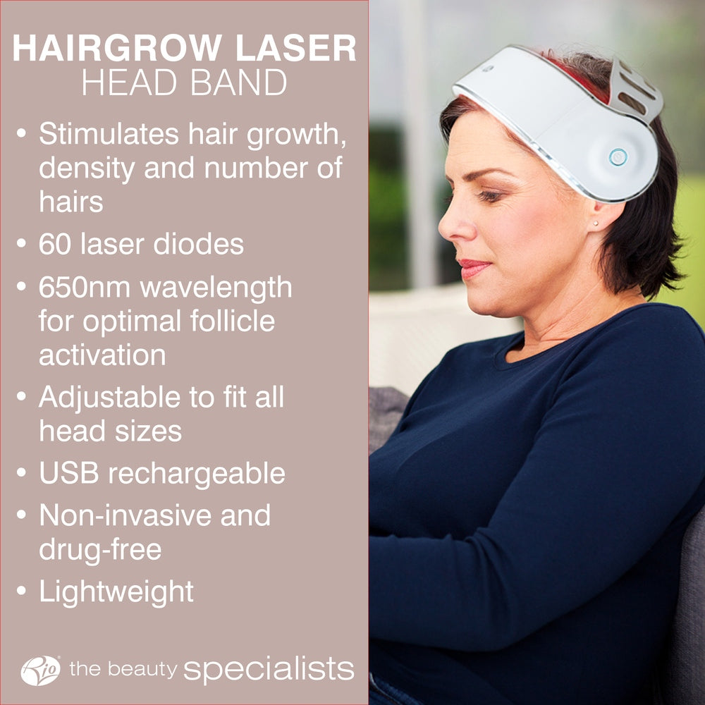 A woman sits on a sofa wearing the Rio HairGrow Laser Head Band. Text highlights features: stimulates hair regrowth, 60 laser diodes, 650nm wavelength, adjustable fit, USB rechargeable, non-invasive, and lightweight.