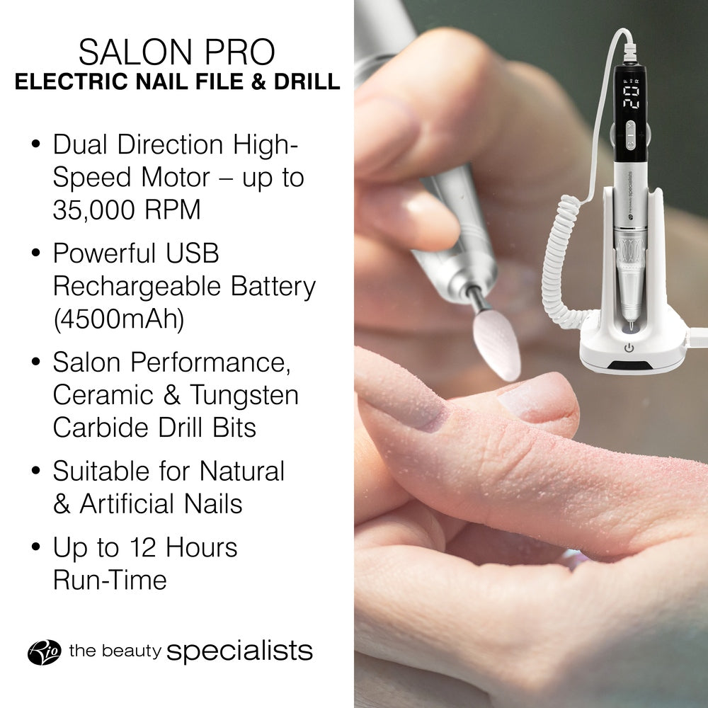 A person uses the Rio Salon Pro Electric Nail File & Drill on fingernails. It features a dual direction motor up to 35,000 RPM, USB rechargeability, salon-grade bits, an all-in-one kit for DIY nails, and up to 12 hours run-time.