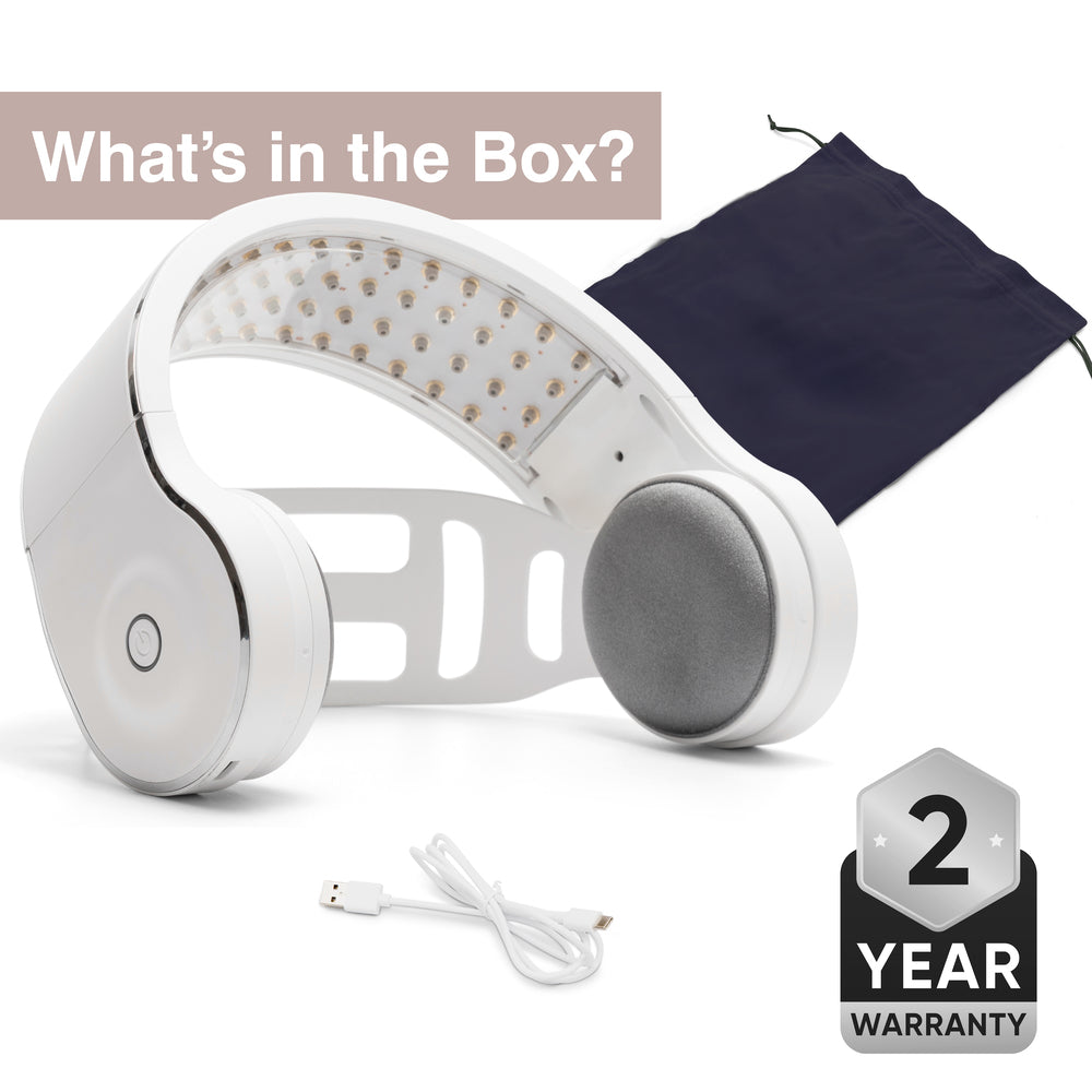 At the top left, “What’s in the Box?” is displayed, featuring the Rio HairGrow Laser Head Band (white LED device), a black drawstring pouch, USB charging cable, and a 2-Year Warranty badge.