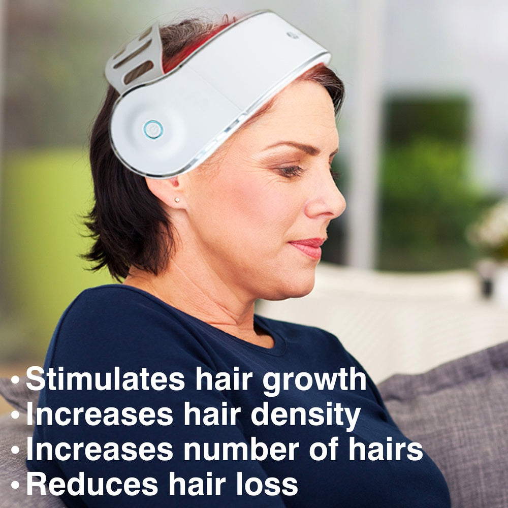 A woman sits indoors wearing the Rio HairGrow Laser Head Band. Text highlights its benefits: stimulates hair regrowth, increases hair density and number of hairs, and reduces hair loss.