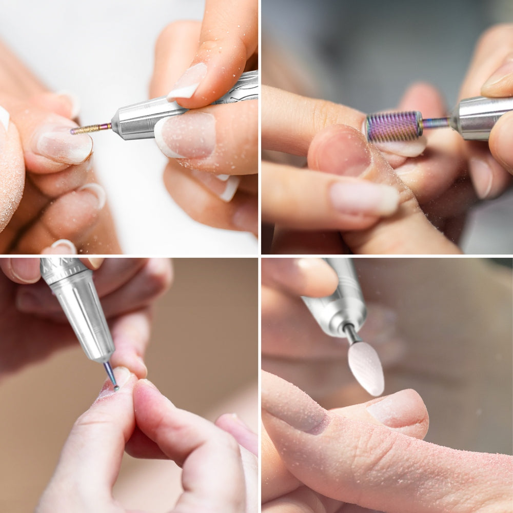 A collage of four close-ups shows hands using the Rio Salon Pro Electric Nail File & Drill and its attachments to shape and smooth nails, providing salon-quality results for DIY manicures.