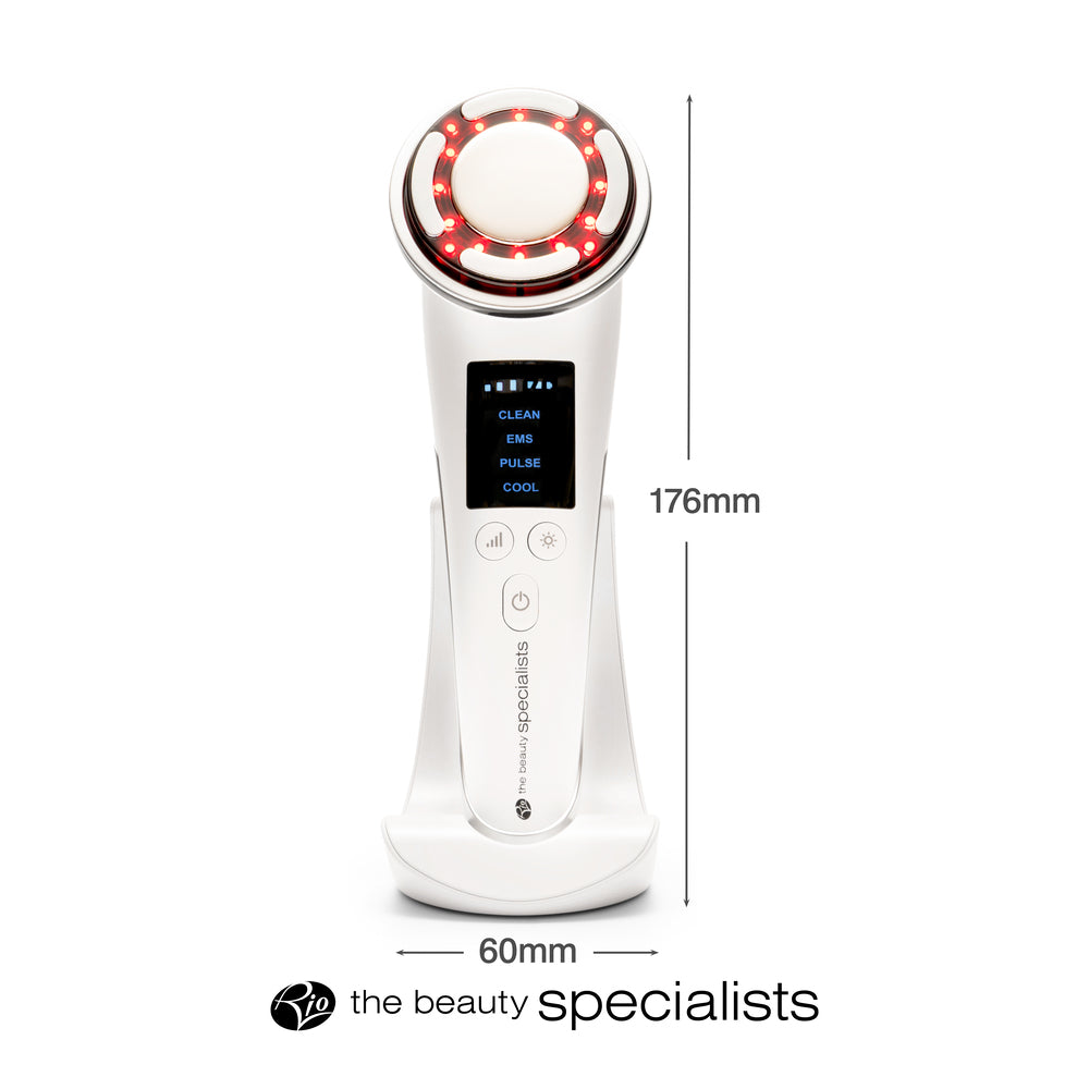 The Rio Face Lift & Tone Beauty Spa is a white handheld anti-aging device with a circular LED-lit head, digital display, and control buttons. Measuring 176mm tall by 60mm wide, it helps achieve firmer-looking skin. “Rio” logo appears at the bottom.