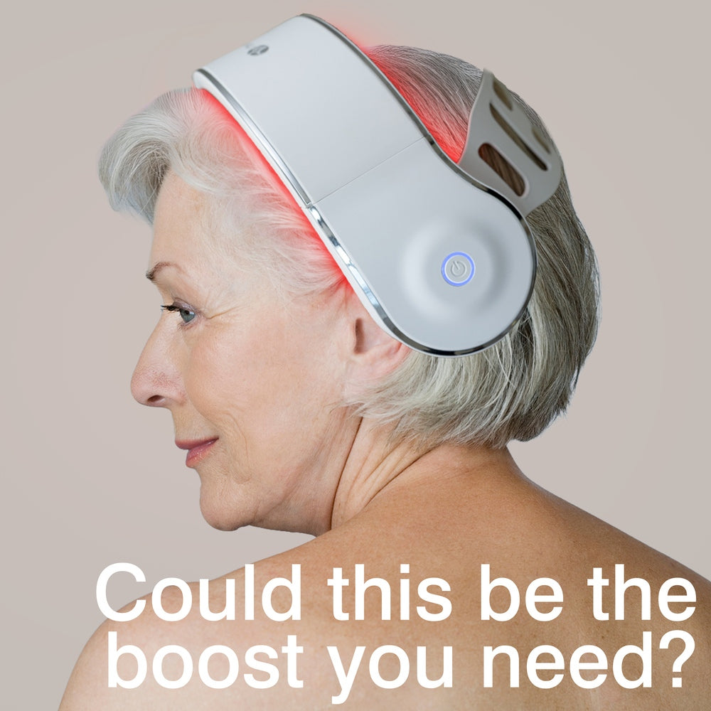 A mature woman with short gray hair wears the Rio HairGrow Laser Head Band on her head, with red therapy lights visible. Text at the bottom asks: Could this be the boost you need?.